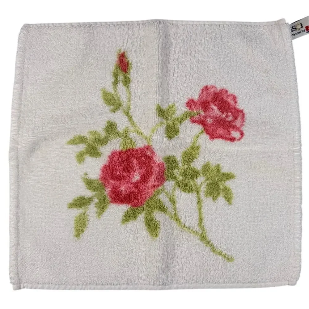 Vintage TerriSol Brazil Bath Towel w/Washcloth Set Pink Roses Shabby Chic Floral